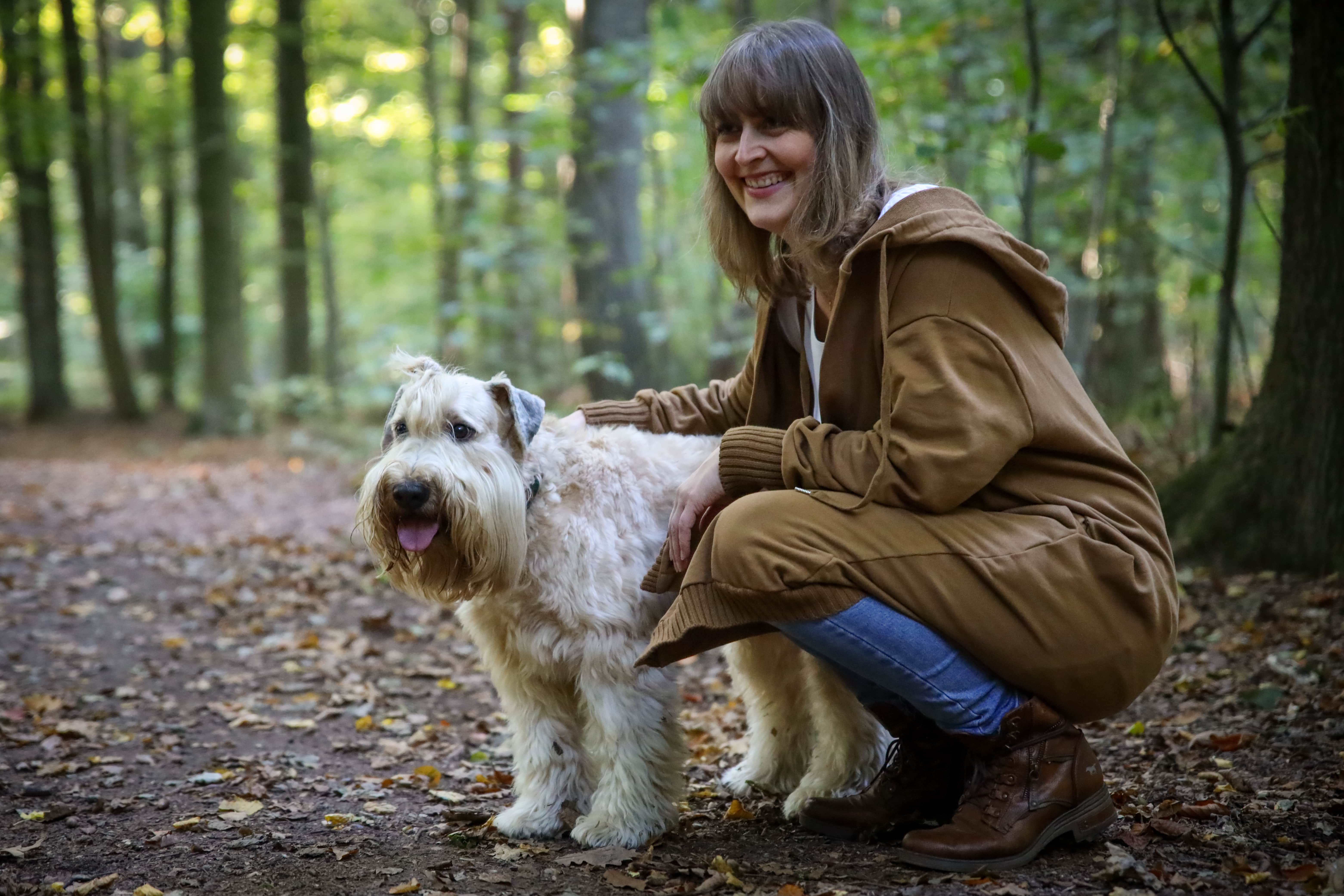 Irish Soft Coated Wheaten Terrier (Hund) mit Frau im Wald